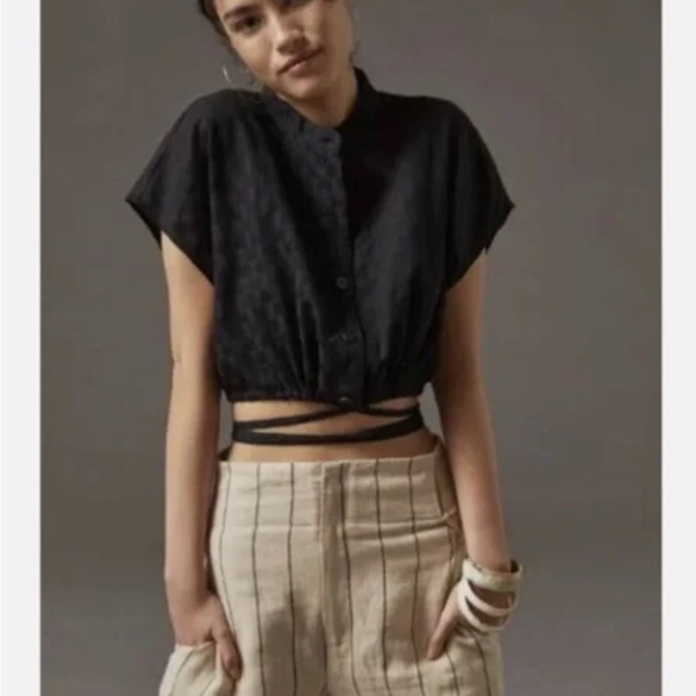 Corey Lynn Calter Black Collarless Button-Down Crop w Ties